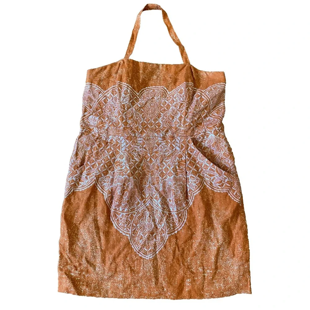 Peruvian Connection linen blend orange strapless‎ mini dress Sz 14 Pockets